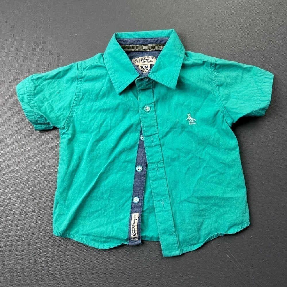 Penguin By Munsingwear Baby Boys 18M Blue Button Up Short Sleeve Classic Blouses